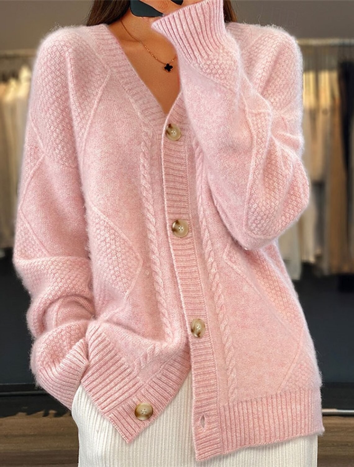 Women V Neck Cable Knit Cardig - Down Jacket Packable recensie en prijs