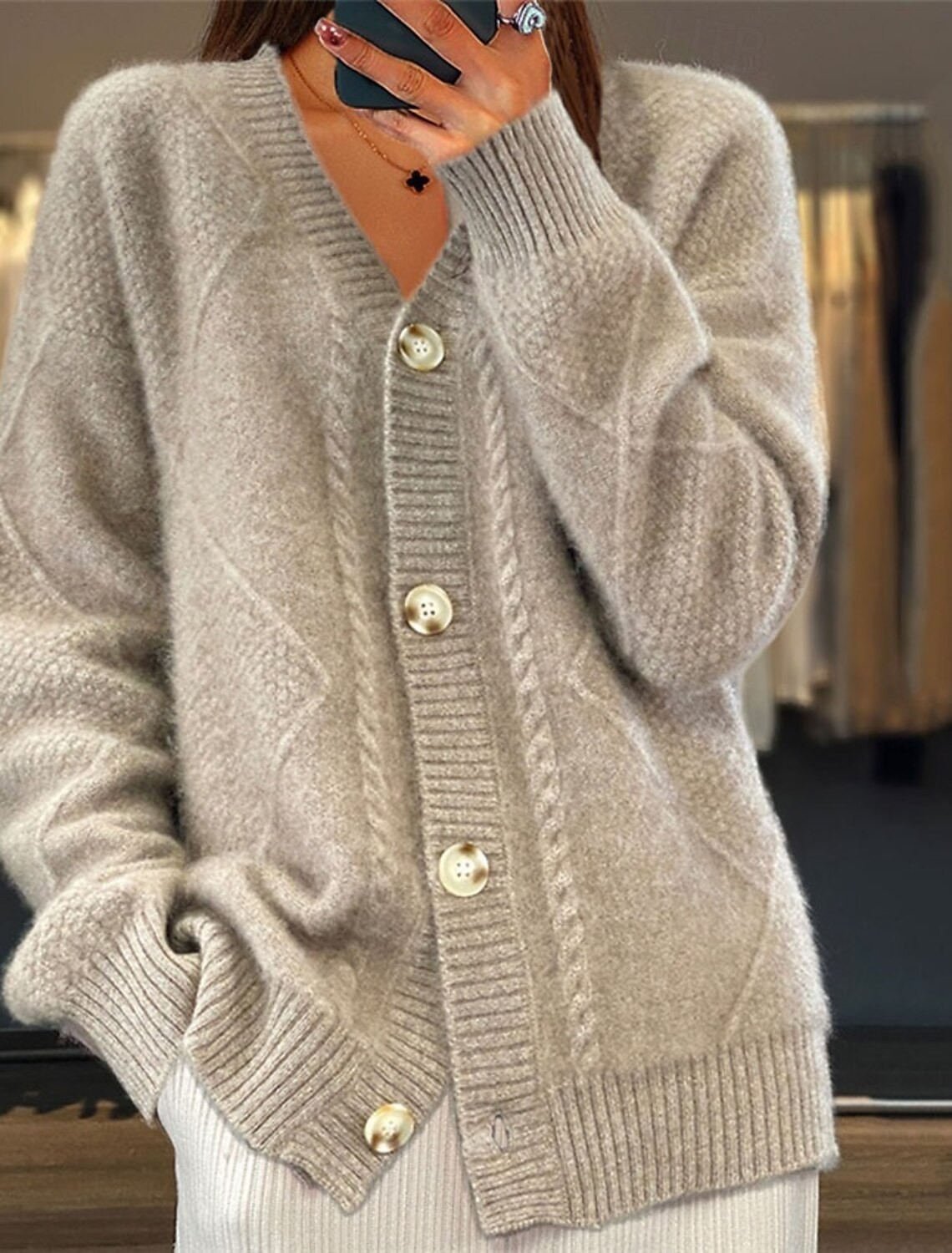 Women V Neck Cable Knit Cardig - Down Jacket Packable recensie en prijs