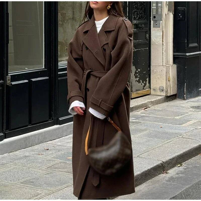 Elegant Grey Belt Long Faux Wo - Wool Coat Peacoat recensie en prijs