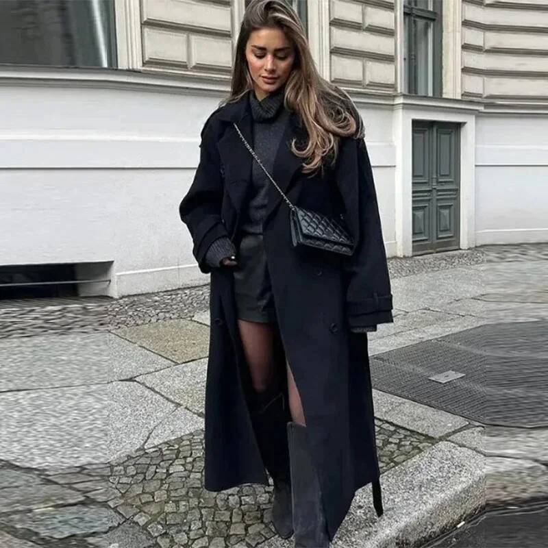 Elegant Grey Belt Long Faux Wo - Wool Coat Peacoat recensie en prijs