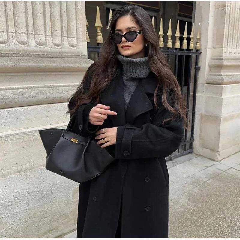 Elegant Grey Belt Long Faux Wo - Wool Coat Peacoat recensie en prijs