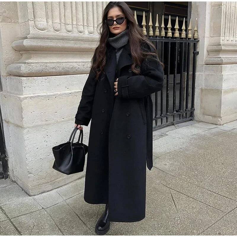 Elegant Grey Belt Long Faux Wo - Wool Coat Peacoat recensie en prijs
